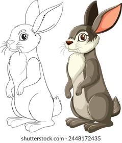 Two rabbits, one sketched and one colored.
