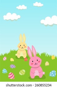 Two Rabbits are playing and collecting easter eggs in garden.