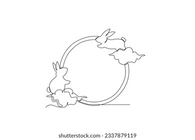 Two rabbits playing on the moon. Mid-autumn one-line drawing