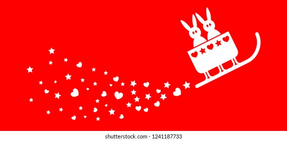 Two rabbits ride sledges with star-heart-tail in front of red background / vector, red, isolated