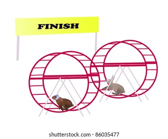 Two rabbits in a running wheels trying to reach finish line