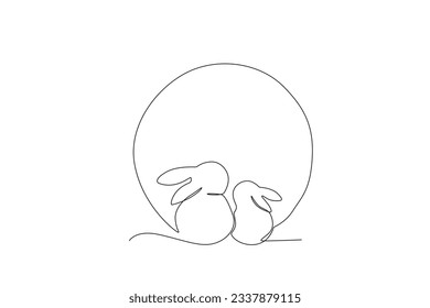 Two rabbits sat staring at the full moon. Mid-autumn one-line drawing