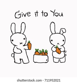 Two rabbits share carrots together.
