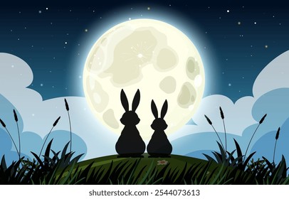 Two rabbits sit under a bright full moon