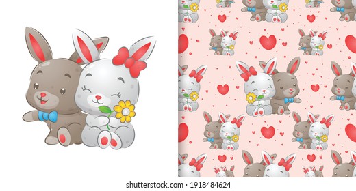 The two rabbits are sitting and loving each other with the happy face in the pattern set of illustration