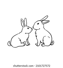 Two rabbits are sitting opposite each other Hand drawn vector illustrations