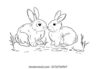 Two rabbits are sitting opposite each other. A set with cute rabbits on the grass, hand-drawn in the style of a doodle, sketch. Silhouette with a black outline.. Vector illustration. 