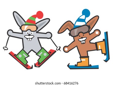 Two rabbits skiers.  Vector illustration.