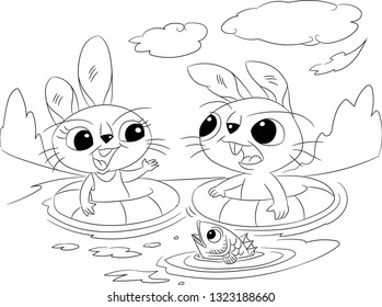 The two rabbits in summer time. Hand drawn vector illustration.For coloring,animals illustration,background,cartoon coloring pattern,clip arts, decoration,preschool coloring,animals character.