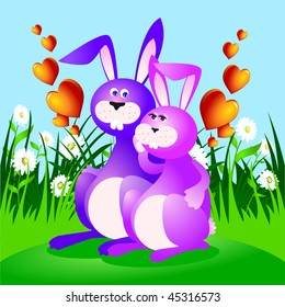Two rabbits are tender embrace and the background is a beautiful meadow flowers. Vector
