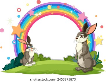 Two rabbits under a colorful rainbow in a meadow.