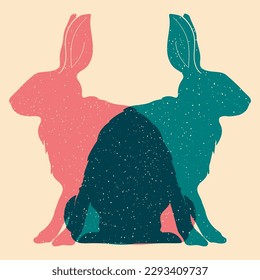 Two rabbits. Vector illustration. Risograph print effect. Glitch effect. Vector illustration. Graphic element  for fabric, textile, clothing, wrapping paper, wallpaper, poster.