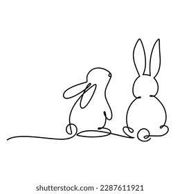 Two rabbits vector. One line continuous drawing. Bunny icon. Hare linear silhouette. Hand drawn silhouette illustration. Minimal design, outline print, banner, card, poster, brochure, logo.