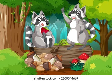 Two raccoons in the forest illustration