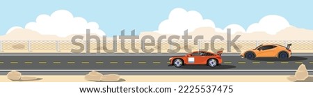 Two race car on the asphalt road. Iron fence on the side of the field. Dry land race track under the blue sky.