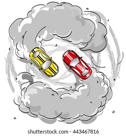 Two Racing Cars In A Skid On The Spread Smoke Is In Turn At Speed On The Road Leaving Traces Of The Tire Tread On The Pavement, Hobbies Competition Drifting Extreme Sports, Isolated Vector