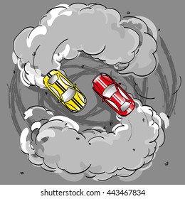 Two racing cars in a skid on the spread smoke is in turn at speed on the road leaving traces of the tire tread on the pavement, hobbies competition drifting extreme sports, vector on a gray background