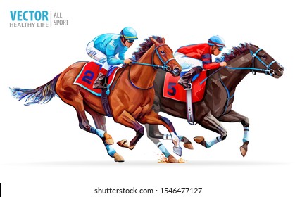 Two racing horses competing with each other. Sport. Champion. Hippodrome. Racetrack. Equestrian. Derby. Speed. Isolated on white background. Vector illustration