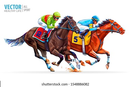 Two racing horses competing with each other. Hippodrome. Racetrack. Jump racetrack. Horse riding. Vector illustration. Derby. Isolated on white background