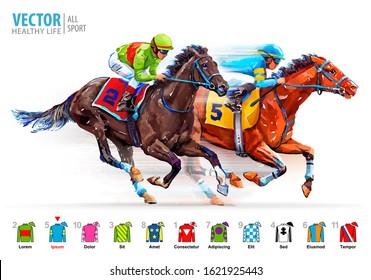 Two racing horses competing with each other. Hippodrome. Racetrack. Derby. Jockey uniform. Isolated on white background. Vector illustration