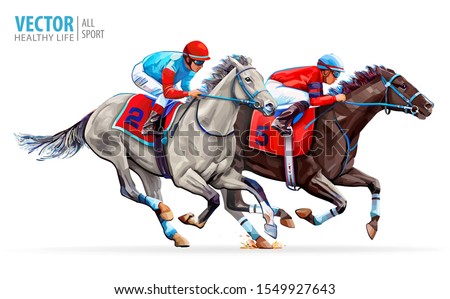 Two racing horses competing with each other. Hippodrome. Racetrack. Equestrian. Derby. Speed. Sport. Champion. Vector illustration. Isolated on white background