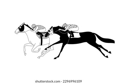 Two racing horses in fierce competition for the finish line, vector illustration