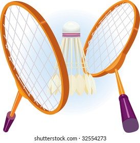 Two rackets for badminton with a shuttlecock in game position. vector. illustration