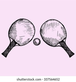 Two rackets and ball for playing table tennis or ping-pong, doodle style, sketch illustration, hand drawn, vector