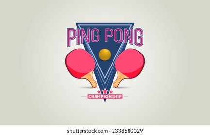 Two rackets a red table tennis ball with a blue triangle in the background. Logo. Vector illustration.