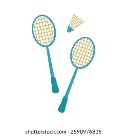 Two rackets and shuttlecock for playing badminton. Sports equipment - vector color flat illustration for design