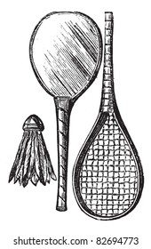 Two Rackets and shuttlecock, vintage engraving. Old engraved illustration of Two Rackets and shuttlecock isolated on a white background. Trousset encyclopedia (1886 - 1891).