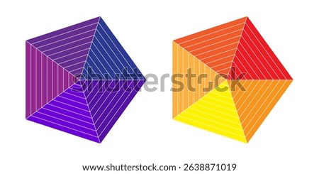 Two radar Kiviat pentagon diagram with different color of five segments. Spider charts. Vector illustration.