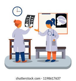 Two radiologist doctors in white coats when looking at the picture.
