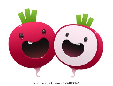 two radish cartoon character bright juicy on a white background isolated