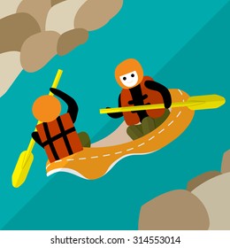 Two rafters and a raft on mountain river. Vector illustration in trendy flat design. Cartoon style.