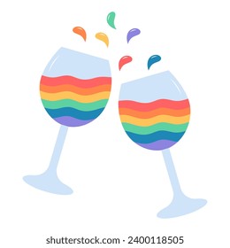 Two rainbow glasses with drops cheers. Cute symbol of lgbt. Vector illustration isolated on white background. 