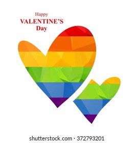 Two rainbow hearts with lettering on a white background.