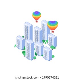 Two rainbow hot air balloons above the residential area. Isometric high-rise apartment houses flat illustration. Pride month