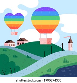 Dos globos de aire caliente con arcoiris sobre el pueblo verde y la carretera rural. Ilustración del mes del Orgullo plano orgánico