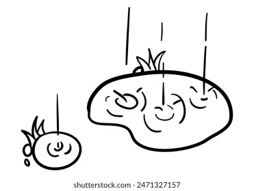 Two rainy puddles with droplet splashes and water ripples with grass and small rocks hand drawn outline vector illustration. Isolated on white background