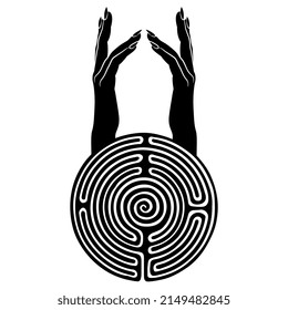 Two raised up beautiful female hands emerging from a round spiral maze or labyrinth symbol. Ariadne. Creative concept. Black and white silhouette.