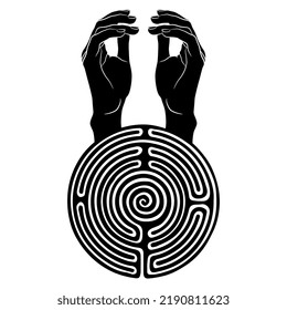 Two raised up beautiful female hands emerging from a round spiral maze or labyrinth symbol. Ariadne. Creative concept. Black and white silhouette.