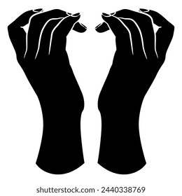 Two raised up beautiful female hands with bent fingers in elegant gesture. Black and white silhouette.