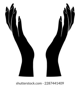 Two raised up female hands in elegant gesture. Open arms. Black and white silhouette.