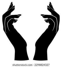 Two raised up female hands in elegant gesture. Black and white negative silhouette.