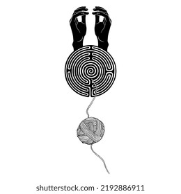 Two raised up female hands emerging from a round spiral maze or labyrinth symbol and a yarn ball. Ariadne thread. Creative mythological concept. Black and white silhouette.