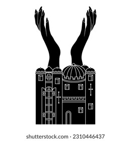 Two raised up female hands in praying gesture emerging from medieval castle. Helen of Troy. Creative concept. Black and white silhouette.