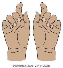 Two raised up female hands. Relaxed holding gesture. Pointing index finger. Cartoon style.