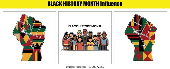 Dois punhos levantados com padrões coloridos e um grupo de pessoas diversas celebrando o preto