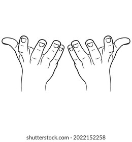 Two raised up human empty hands with open fingers in releasing gesture. Black and white linear silhouette. Front view. Cartoon style.
